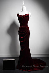 Wine Red Mermaid Straps Beaded Long Formal Dress, Wine Red Evening Dress Semi Formal Prom Dress