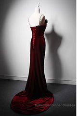 Wine Red Mermaid Straps Beaded Long Formal Dress, Wine Red Evening Dress Semi Formal Prom Dress