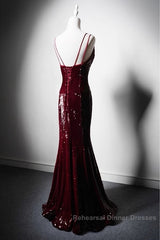 Wine Red Mermaid Straps Long Semi Formal Prom Dress Party Dress, Wine Red Sequins Evening Dress