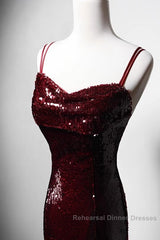 Wine Red Mermaid Straps Long Semi Formal Prom Dress Party Dress, Wine Red Sequins Evening Dress
