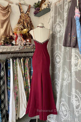 Wine Red Mermaid Straps Sweetheart Party Dress, Wine Red Lace Semi Formal Prom Dress
