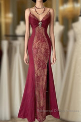 Wine Red Mermaid Straps Sweetheart Party Dress, Wine Red Lace Semi Formal Prom Dress