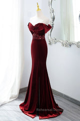 Wine Red Mermaid Velvet Long Party Dress, Wine Red Semi Formal Prom Dress Evening Dress