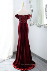Wine Red Mermaid Velvet Long Party Dress, Wine Red Semi Formal Prom Dress Evening Dress