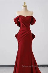Wine Red Off Shoulder Mermaid Long Party Dress, Wine Red Evening Dress Semi Formal Prom Dress