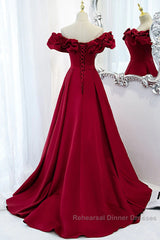 Wine Red Off Shoulder Sweetheart Long Party Dress, Wine Red Semi Formal Prom Dress Evening Dress