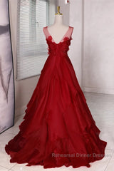 Wine Red Round Neckline A-Line Beaded Party Dress, Wine Red Long Semi Formal Prom Dress