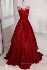 Wine Red Round Neckline A-Line Beaded Party Dress, Wine Red Long Semi Formal Prom Dress