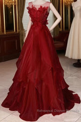 Wine Red Round Neckline A-Line Beaded Party Dress, Wine Red Long Semi Formal Prom Dress