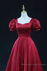 Wine Red Satin Bridesmaid Dress Party Dress, Tea Length Semi Formal Prom Dresses