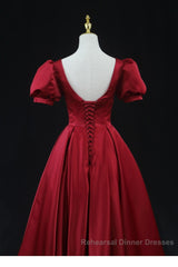 Wine Red Satin Bridesmaid Dress Party Dress, Tea Length Semi Formal Prom Dresses