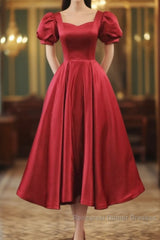 Wine Red Satin Bridesmaid Dress Party Dress, Tea Length Semi Formal Prom Dresses