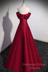 Wine Red Satin Long Party Dress, A-Line Wine Red Satin Semi Formal Prom Dress