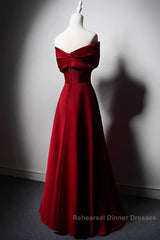 Wine Red Satin Off Shoulder A-Line Party Dress, Wine Red Long Formal Dress Semi Formal Prom Dress