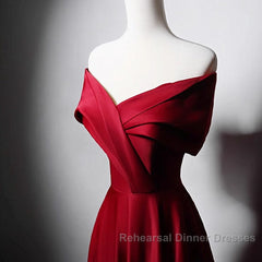 Wine Red Satin Off Shoulder A-Line Party Dress, Wine Red Long Formal Dress Semi Formal Prom Dress