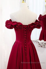 Wine Red Satin Off Shoulder Beaded Long Formal Dress, Wine Red A-Line Semi Formal Prom Dress