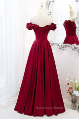 Wine Red Satin Off Shoulder Beaded Long Formal Dress, Wine Red A-Line Semi Formal Prom Dress