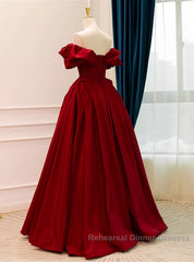 Wine Red Satin Off Shoulder Chic Long Party Dress, Wine Red Sweetheart Semi Formal Prom Dress
