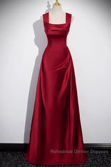 Wine Red Satin Off Shoulder Long Party Dress, A-Line Satin Semi Formal Prom Dress