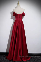 Wine Red Satin Off Shoulder Long Party Dress, A-Line Satin Semi Formal Prom Dress