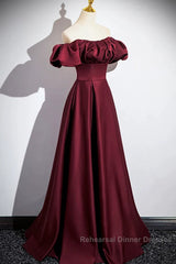 Wine Red Satin Off Shoulder Long Party Dress, Wine Red Satin Semi Formal Prom Dress