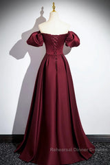 Wine Red Satin Off Shoulder Long Party Dress, Wine Red Satin Semi Formal Prom Dress