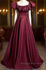 Wine Red Satin Off Shoulder Long Party Dress, Wine Red Satin Semi Formal Prom Dress