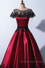 Wine Red Satin Round Neckline With Black Lace Party Dress, Wine Red Semi Formal Prom Dress