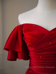 Wine Red Satin Short Sleeves Long Party Dress, Wine Red Satin Semi Formal Prom Dress