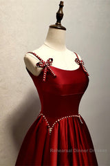 Wine Red Satin Straps Beaded Long Party Dress, Wine Red A-Line Semi Formal Prom Dress