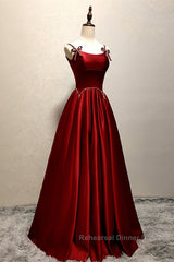 Wine Red Satin Straps Beaded Long Party Dress, Wine Red A-Line Semi Formal Prom Dress