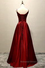 Wine Red Satin Straps Beaded Long Party Dress, Wine Red A-Line Semi Formal Prom Dress
