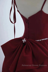 Wine Red Satin Straps Long Party Dress, Wine Red Floor Length Formal Dress Semi Formal Prom Dress