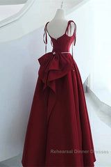 Wine Red Satin Straps Long Party Dress, Wine Red Floor Length Formal Dress Semi Formal Prom Dress