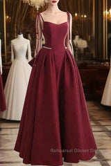 Wine Red Satin Straps Long Party Dress, Wine Red Floor Length Formal Dress Semi Formal Prom Dress