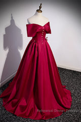 Wine Red Satin Sweetheart Long Evening Dress, Wine Red Satin Semi Formal Prom Dress