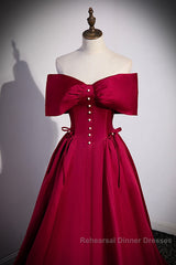 Wine Red Satin Sweetheart Long Evening Dress, Wine Red Satin Semi Formal Prom Dress