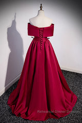 Wine Red Satin Sweetheart Long Evening Dress, Wine Red Satin Semi Formal Prom Dress
