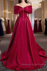 Wine Red Satin Sweetheart Long Evening Dress, Wine Red Satin Semi Formal Prom Dress