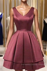 Wine Red Satin V-Neckline Short Party Dress, Wine Red Homecoming Dress