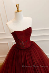Wine Red Scoop Sweetheart Tulle Ball Gown Semi Formal Prom Dress, Wine Red Tulle Evening Dress