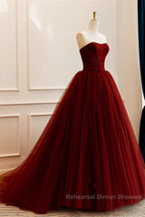 Wine Red Scoop Sweetheart Tulle Ball Gown Semi Formal Prom Dress, Wine Red Tulle Evening Dress
