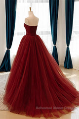 Wine Red Scoop Sweetheart Tulle Ball Gown Semi Formal Prom Dress, Wine Red Tulle Evening Dress