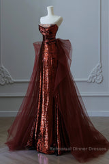 Wine Red Sequins And Tulle Long Formal Dress, Wine Red Semi Formal Prom Dress