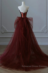 Wine Red Sequins And Tulle Long Formal Dress, Wine Red Semi Formal Prom Dress