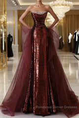 Wine Red Sequins And Tulle Long Formal Dress, Wine Red Semi Formal Prom Dress