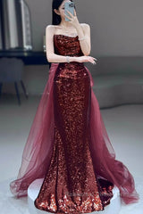 Wine Red Sequins Long Party Dress With Tulle, Wine Red Long Formal Dress Semi Formal Prom Dress