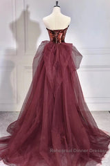 Wine Red Sequins Long Party Dress With Tulle, Wine Red Long Formal Dress Semi Formal Prom Dress
