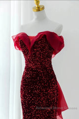 Wine Red Sequins Mermaid Long Party Dress, Off Shoulder Sweetheart Semi Formal Prom Dress