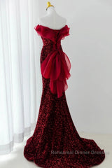 Wine Red Sequins Mermaid Long Party Dress, Off Shoulder Sweetheart Semi Formal Prom Dress